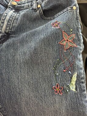 Embroidered Blue Denim Jeans with Floral Detail